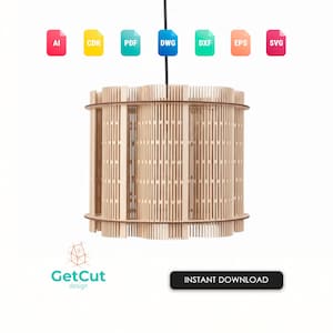 Puede incluir: Una lámpara colgante cilíndrica de madera con listones verticales y una parte superior e inferior circulares. La lámpara está suspendida de un cable negro. La imagen incluye iconos de formato de archivo y el texto "INSTANT DOWNLOAD".