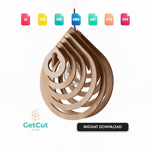 May include: Wooden teardrop-shaped pendant light. The light has a layered design with a visible lightbulb. The image includes file type icons and the text "GetCut design" and "INSTANT DOWNLOAD".