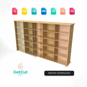 May include: A light-colored wooden display cabinet with multiple shelves and a sliding glass door. The cabinet has a rectangular shape and is designed for storage or display. The words "GetCut design" and "INSTANT DOWNLOAD" are also visible.