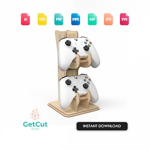 May include: A wooden game controller stand holding two white controllers. The stand has a light brown finish and a rectangular base. The image includes icons for various file types and the text "INSTANT DOWNLOAD".
