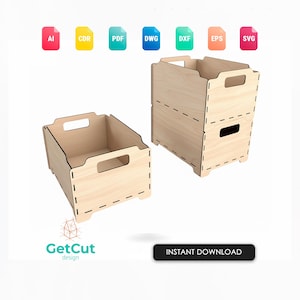 May include: Two unfinished wooden storage boxes with handle cutouts. One box is stacked on top of another. The boxes are designed for easy assembly. The image includes file type icons and the text "GetCut design" and "INSTANT DOWNLOAD".