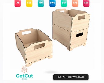 Cajas de almacenamiento apilables SVG y DXF – Plantilla organizadora modular de madera cortada con láser, sistema de cajas DIY para taller y hogar
