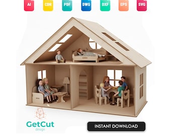 May include: A wooden dollhouse with multiple rooms, furnished with miniature furniture and dolls. The house has a gabled roof, windows, and a round window. The image includes icons for various file formats and the text "Instant Download".