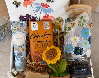 Gift Box for Her Summer Self-care gift, birthday for friend, Mother’s Day, honey bees, flower lover, co-worker, embroidered dish towel, mug