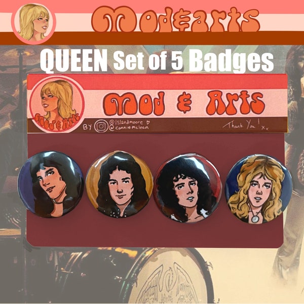 Queen badges/pins/buttons, Freddie Mercury, Roger Taylor, John Deacon, Brian May