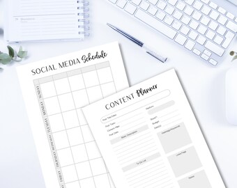 May include: A printable social media schedule and content planner. The social media schedule is a grid with days of the week listed down the side and time slots across the top. The content planner has sections for post topic, content type, post date, hashtags, and notes.