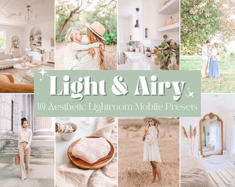 May include: A collage of images showcasing a collection of 10 Lightroom Mobile presets called "Light & Airy: Aesthetic Lightroom Mobile Presets". The images feature a variety of scenes, including a living room, a kitchen, a forest, a field, and a bedroom. The presets are designed to give photos a light and airy feel.