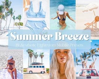 May include: A collage of images featuring a summer theme. The images include a beach, a pool, a car, a van, and people wearing swimwear. The text "Summer Breeze" and "10 Aesthetic Lightroom Mobile Presets" is displayed on the collage.