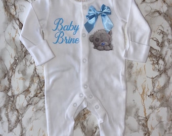 Blue Bow Personalised Baby Sleepsuit - Teddy - Birth Gift - Coming Home Outfit - Newborn - Baby Keepsake - Baby Shower - Baby Gift