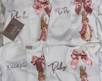 Flopsy Rose Rabbit Bow Personalised Baby Sleepsuit - Birth Gift - Coming Home Outfit - Newborn - Baby Keepsake - Baby Shower - Baby Gift