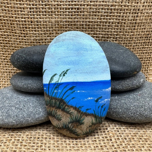 Painted Rock, Sand Dune Beach Scene, Ocean Waves, Hand Painted Rock