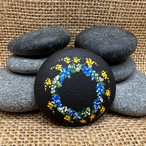 Hand Painted Rock, Blue Flowered Wreath, Beach Rock, Affordable Gift