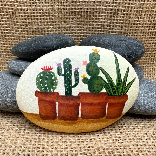 Painted Rock of Cactus in 4 Terracotta Pots, Desert  Decor, Painted Rocks, Hand Painted