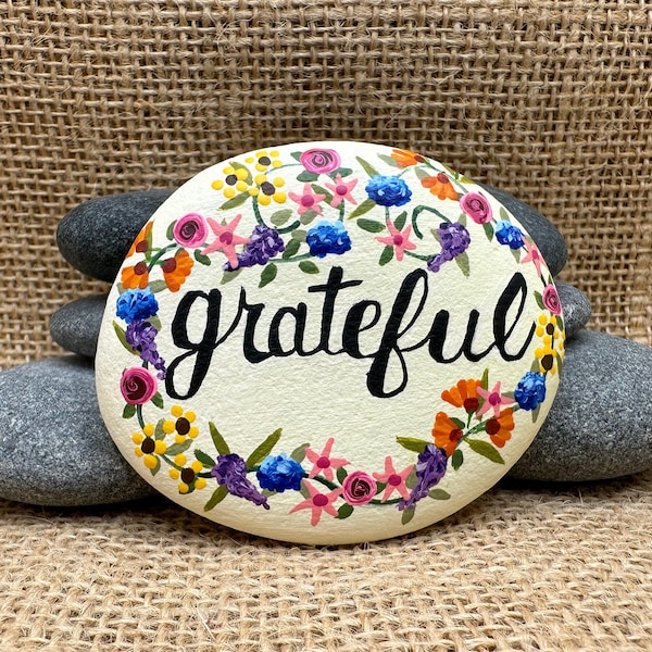 Painted Rock, Grateful, Colorful Flower Wreath, Beach Rocks, Hand Painted