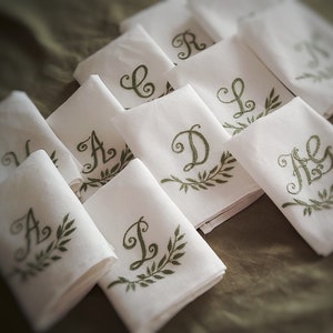 Embroidered personalized cloth napkins. Hand monogrammed set of white linen table napkins.