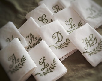 Embroidered personalized cloth napkins. Hand monogrammed set of white linen table napkins.