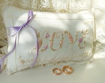 Hand embroidered white wedding ring pillow. Flower custom ring holder.