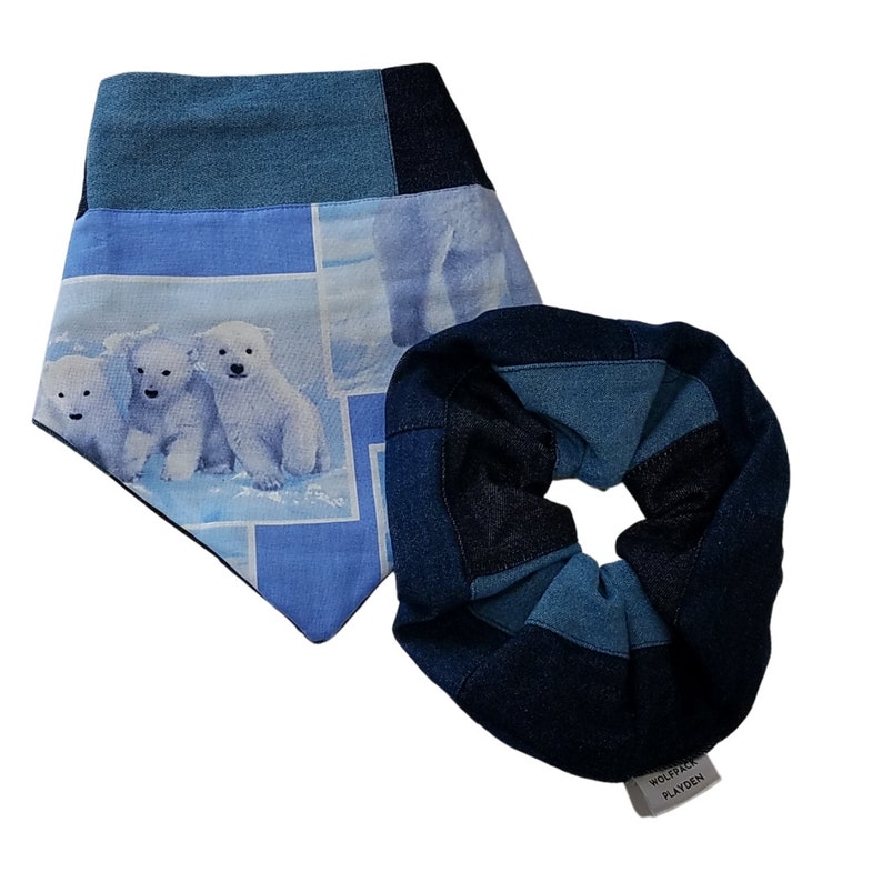 Dog bandana, Polar Denim Patch match with your pup XXL scrunchie, Cat Bandana, Dog Accessories, Cat Accessories, Tie on, Snap on Bandana image 2