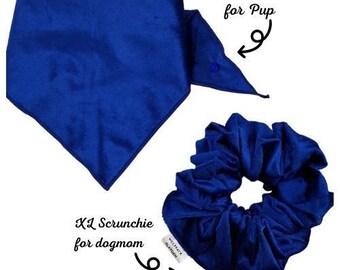 Blue Velvet dog bandana, Tie on & snap bandana, dog accessories, Bandana with matching XXL Scrunchie for mom, Dog Lover Gift, Match your Pup