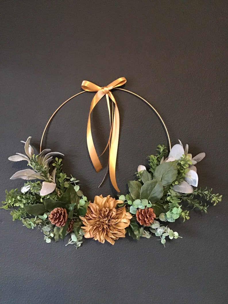 14 Gold Finish Medal Hoop Wreath, Gold and Green Wreath, Minimalist