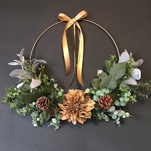 14” Gold Finish Medal Hoop Wreath, Gold and Green Wreath, Minimalist Wreath, Modern Farmhouse Wreath, Modern Wreath, Holiday Decor Wreath