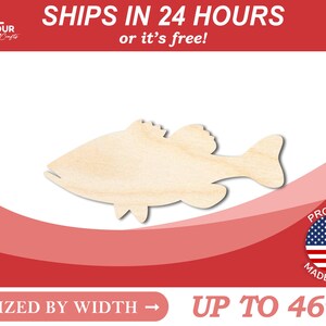 May include: Unpainted wooden cutout of a bass fish, sized by width up to 46 inches.  Ships in 24 hours or it's free!  Proudly made in the USA.