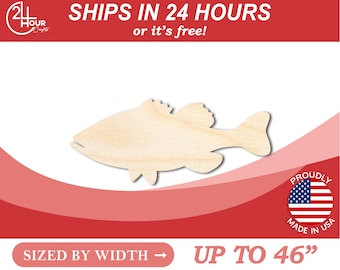 Unfinished Wooden Bass Fish Silhoutte - Craft- from 1" up to 46" DIY