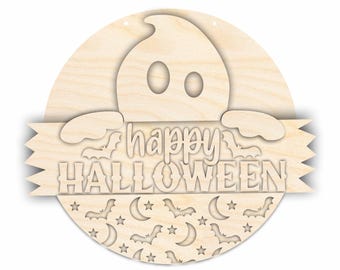 Unfinished Wood Ghost Halloween Door Sign Kit | Wood Craft Cutouts | 1/4" Thick |