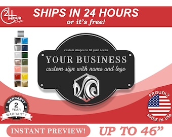 May include: A black metal sign with a custom shape and the text "YOUR BUSINESS custom sign with name and logo". The sign is surrounded by a red background with a white border. The sign is available in a variety of colors and sizes. The sign is made in the USA and ships in 24 hours or it's free.