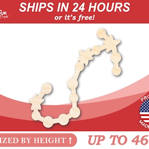 May include: Wooden cutout of the Sagittarius zodiac sign, shaped like an archer with an arrow. The cutout is sized by height and can be up to 46 inches tall.  Ships in 24 hours or it's free!  Proudly made in the USA.