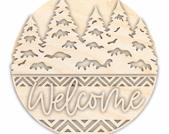 Unfinished Wood Welcome Snowy Trees Door Sign Kit | Wood Craft Cutouts | 1/4" Thick |
