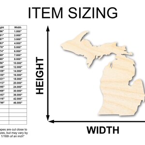 K&ouml;nnte beinhalten: Eine Tabelle mit den H&ouml;hen- und Breitenma&szlig;en eines Holzausschnitts des Bundesstaates Michigan. Die Tabelle zeigt Ma&szlig;e in Zoll, die von 0,996 Zoll bis 45,799 Zoll in der H&ouml;he und von 1,000 Zoll bis 46,000 Zoll in der Breite reichen. Die Tabelle ist mit "ITEM SIZING" beschriftet und enth&auml;lt die W&ouml;rter "HEIGHT" und "WIDTH".