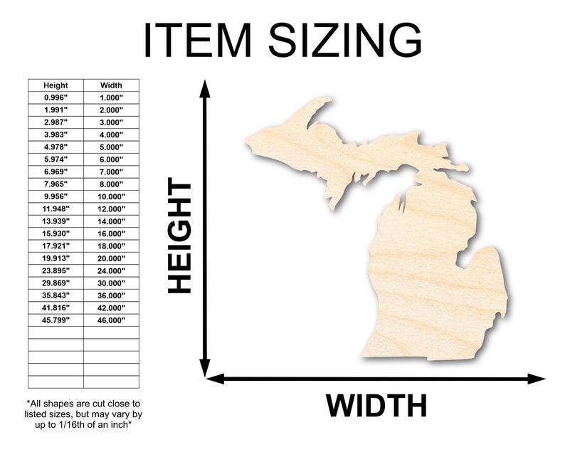 K&ouml;nnte beinhalten: Eine Tabelle mit den H&ouml;hen- und Breitenma&szlig;en eines Holzausschnitts des Bundesstaates Michigan. Die Tabelle zeigt Ma&szlig;e in Zoll, die von 0,996 Zoll bis 45,799 Zoll in der H&ouml;he und von 1,000 Zoll bis 46,000 Zoll in der Breite reichen. Die Tabelle ist mit "ITEM SIZING" beschriftet und enth&auml;lt die W&ouml;rter "HEIGHT" und "WIDTH".