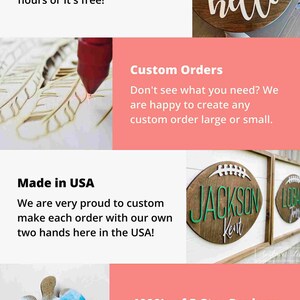 May include: A collage of images showcasing a small business that creates custom wooden signs. The images include a laser cutter, a sign that says "hello", a sign that says "Jackson Kent", a turtle made of wood and resin, and a sign that says "1000's of 5-Star Reviews".