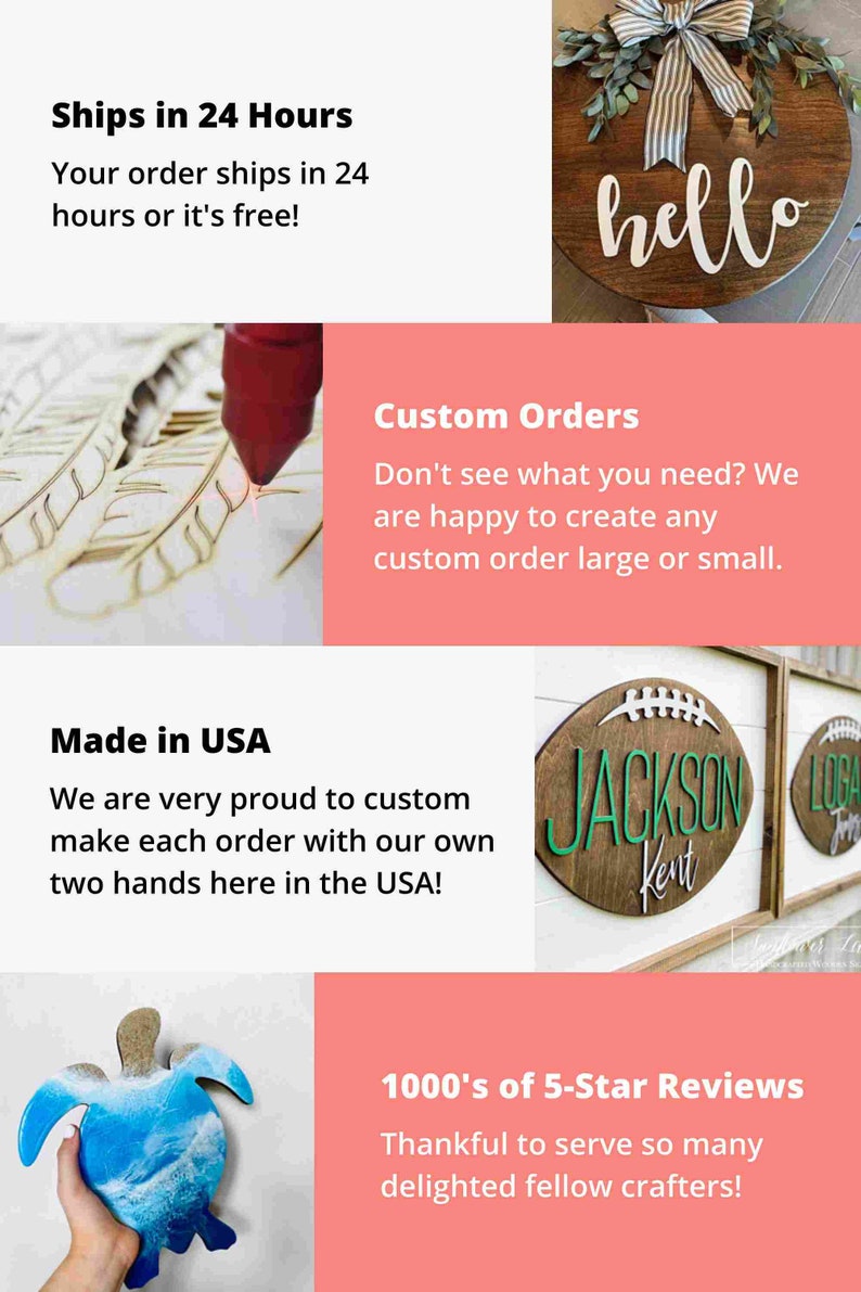May include: A collage of images showcasing a small business that creates custom wooden signs. The images include a laser cutter, a sign that says "hello", a sign that says "Jackson Kent", a turtle made of wood and resin, and a sign that says "1000's of 5-Star Reviews".