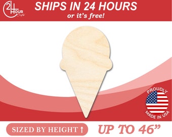 Unfinished Wood Ice Cream Cone Silhouette | Single Scoop | Craft Cutout | from 1" up to 46" DIY