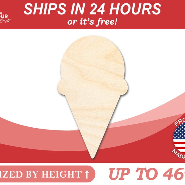 Unfinished Wood Ice Cream Cone Silhouette | Single Scoop | Craft Cutout | from 1" up to 46" DIY