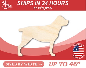 May include: Unfinished wooden cutout of a dog silhouette, sized by width up to 46 inches. The cutout is made in the USA and ships within 24 hours or it's free.