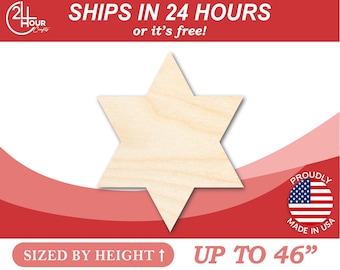May include: A six-pointed star shape cut from unfinished wood. The star is sized by height and can be up to 46 inches tall.  SHIPS IN 24 HOURS or it's free! PROUDLY MADE IN USA