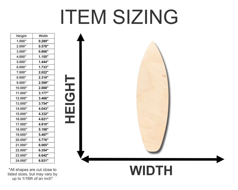 May include: A chart showing the height and width measurements of a surfboard shape in inches. The chart shows the measurements for surfboards ranging from 1 inch to 24 inches in height.