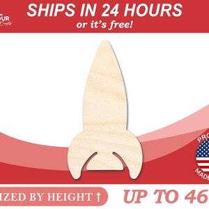 May include: A wooden cutout of a rocket ship, sized by height up to 46 inches. The rocket ship is made of unfinished wood and is ready to be painted or stained.
