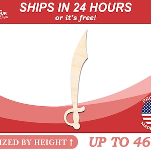 Unfinished Wooden Cutlass Shape - Pirates - Craft - from 1" up to 46"  DIY