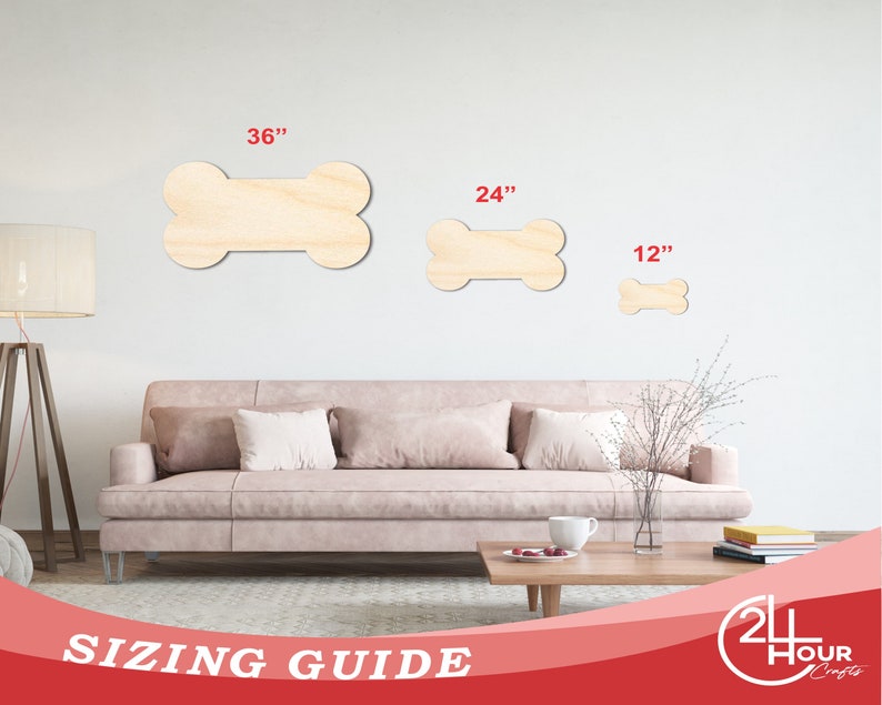 May include: Sizing guide for wooden dog bone shapes. The guide shows three sizes: 36 inches, 24 inches, and 12 inches.