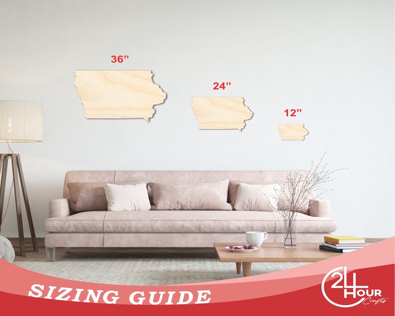 May include: Sizing guide for wooden state of Iowa cutouts. Three sizes are shown: 36 inches, 24 inches, and 12 inches. The cutouts are on a white wall behind a light pink sofa.