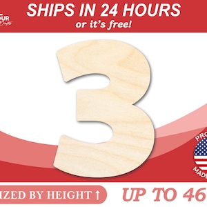 Unfinished Wooden Block Number 3 - Craft - from 1&quot; up to 46&quot; DIY