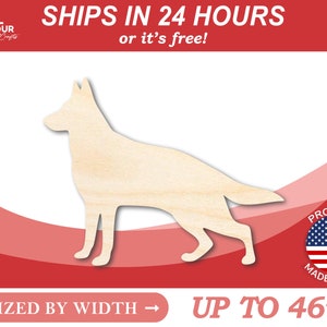 May include: A wooden cutout of a German Shepherd dog silhouette. The cutout is unpainted and ready to be decorated. It is sized by width and can be up to 46 inches wide.