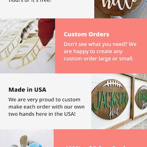 May include: A collage of images showcasing custom wooden signs with various designs. The signs feature the words "hello", "Jackson Kent", and a football design. The images also include a laser cutter cutting a wooden design and a turtle-shaped resin art piece.