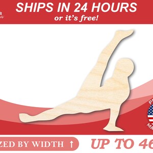 May include: A wooden cutout of a gymnast in a balancing pose. The text "SHIPS IN 24 HOURS or it's free!" is at the top. The text "SIZED BY WIDTH UP TO 46"" is at the bottom. The words "PROUDLY MADE IN USA" are also visible.
