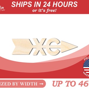May include: Wooden arrow sign with a cross and a letter C in the center. The sign is unfinished and ready to be painted or stained. It is sized by width and can be up to 46 inches wide.