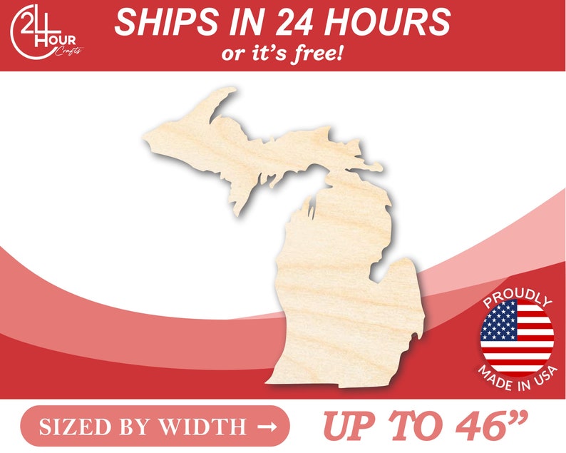 K&ouml;nnte beinhalten: Ein Holzausschnitt des Bundesstaates Michigan, bis zu 46 Zoll breit. Der Ausschnitt wird in den USA hergestellt und innerhalb von 24 Stunden versandt oder ist kostenlos.